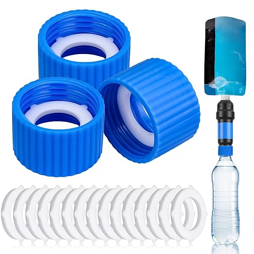 3 Pcs Water Filter Coupling Kit, Filtration Cleaning Couplings with 15 Pcs Gasket Seals, for 28mm External Threaded Water Filters and Standard Plastic Bottles for Hiking Camping