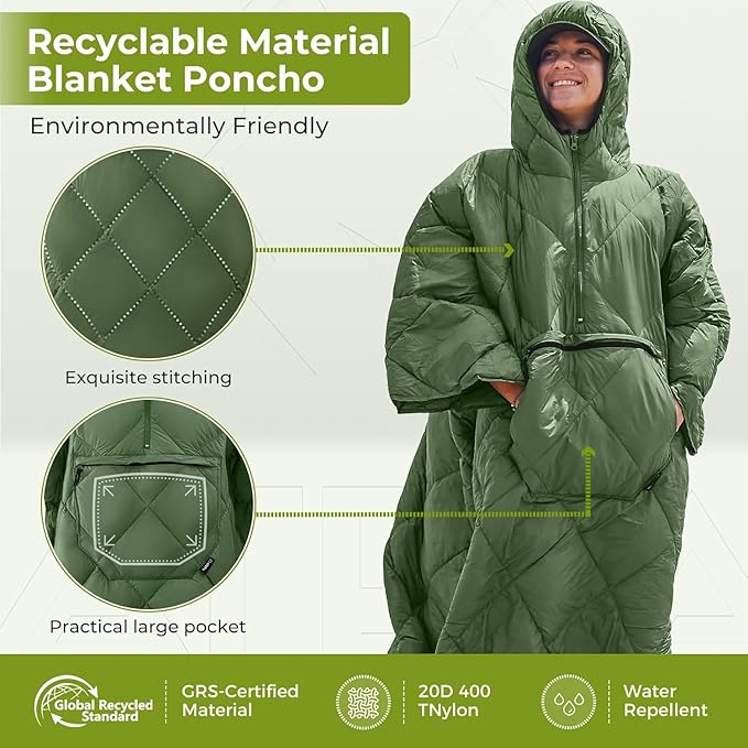 ATEPA Wearable Sleeping Bag, Recycled Warm Winter Camping Blanket Wearable Poncho for Outdoor, Stadium Sports Women Men