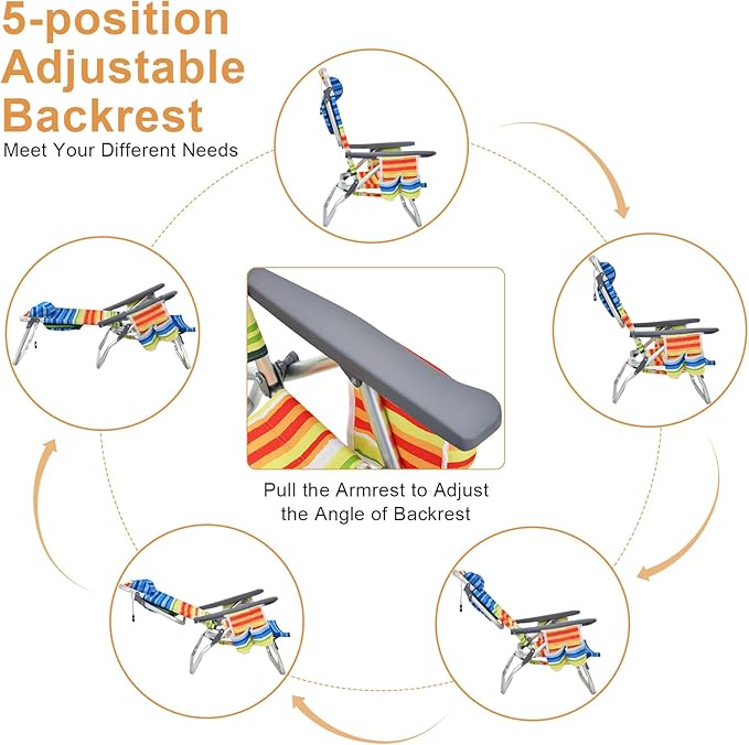 GYMAX Beach Chairs, Backpack Camping Chair with Armrest, Cooler Bag, Cup Holder, Towel Bar & Side Pockets, Sunbath Sling Tanning Lounge, Folding Layout Chair (4 Chairs Without Table, Yellow Stripe)