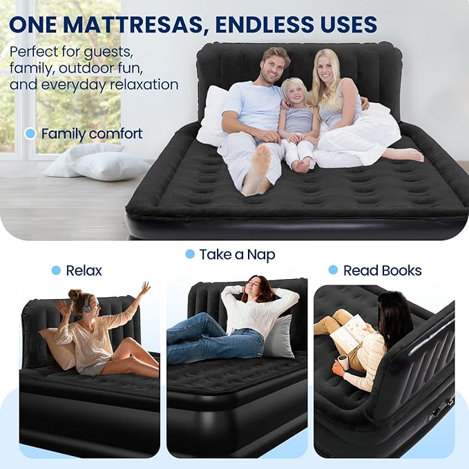 Queen Air Mattress with Headboard, Built-in Pump, 800 lbs Support, Quiet Noiseless Design, 48-Hour Leak-Tested, 3.5 Min Fast Inflation, Portable Blow Up Bed with Carry Bag for Home, Guests & Camping