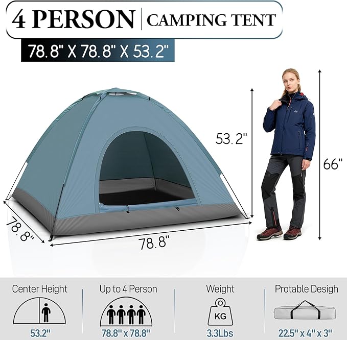 Outvita Camping Dome Tent, 1-4 Person Waterproof Windproof Easy Setup Spacious Family Tents with Carry Bag & Rain Fly for Hiking Backpacking Traveling Glamping Beach