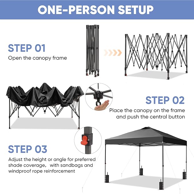 GDY 12x12 Pop Up Canopy Patio Carpas, One Push Set up with Central Lock Canopy with Wheeled Carry Bag, Included 4 Sandbaogs,8 Stakes and 4 Ropes, Black