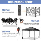 GDY 12x12 Pop Up Canopy Patio Carpas, One Push Set up with Central Lock Canopy with Wheeled Carry Bag, Included 4 Sandbaogs,8 Stakes and 4 Ropes, Black