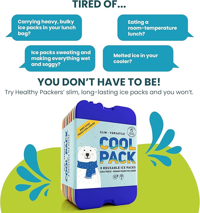 Healthy Packers Ice Packs for Lunch Boxes & Coolers - 8pk Original Cool Pack | Slim & Long-Lasting Reusable Ice Pack for Lunch Bags | Freezer Packs for Coolers (Set of 8)