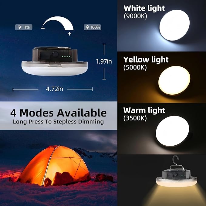 Rechargeable Camping Tent Light 12000mAh 45W 4000Lumen Battery Operated LED Lights IPX5 Waterproof Portable Lamp for Power Outages Outdoor Emergency Home Use