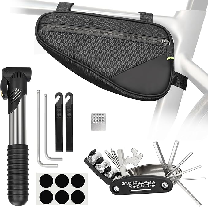 Bike Repair Kit, Bicycle Repair Bag With Tire Pump, Bike Tool Kit for Camping Travel, 16-in-1 Bike Multitool, Bicycle Tire Repair Kit, 4mm and 5mm Allen Wrenches, Used for Mountain Bike and Road Bike