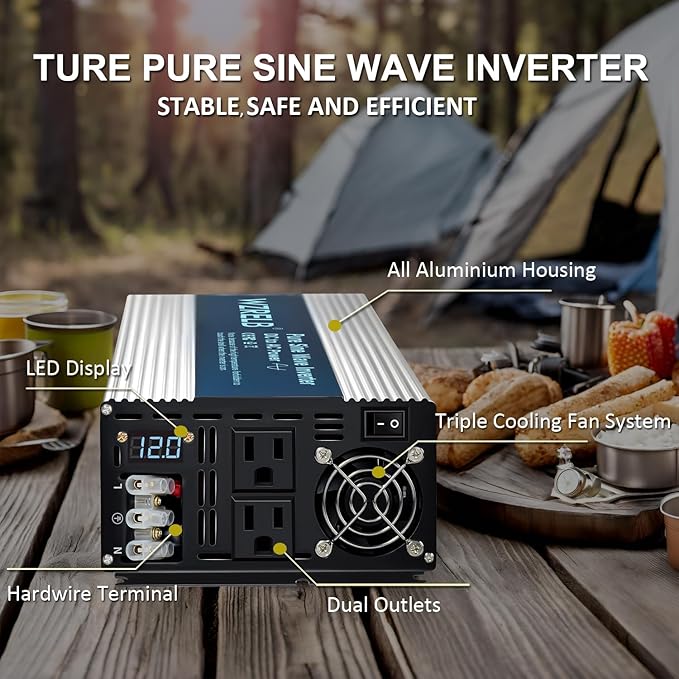 WZRELB 3500W Pure Sine Wave Inverter 12V DC to 110V 120V AC Power Converter with LED Display, Hardwire Terminal,Off-Grid Portable Power Inverter with Dual AC Outlets for Home, RV, Truck, Camping