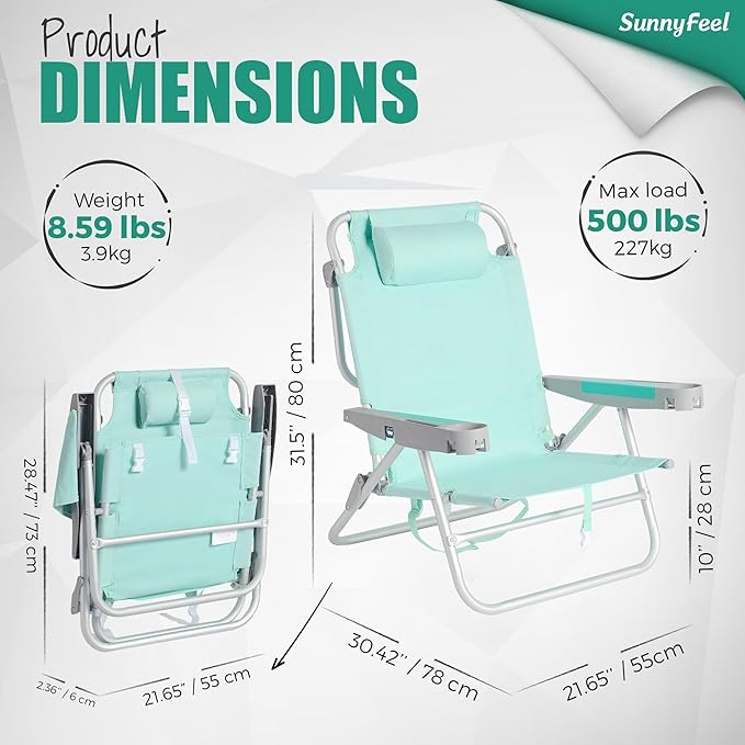 SUNNYFEEL Extra Wide Low Beach Chair 2 Pack 5 Position Lay, XL Oversized Portable Folding Camping Chairs with Cup Holder for Outdoor/Sand, Foldable Backpack Beach Chair for Adults Heavy Duty 500 LBS