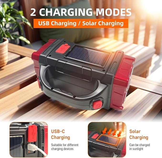 Versatile Solar Flashlight with Dual Charging Modes | 4 Light Modes USB/Solar Powered| Portable Emergency Charger & Outdoor Camping Light (Red)