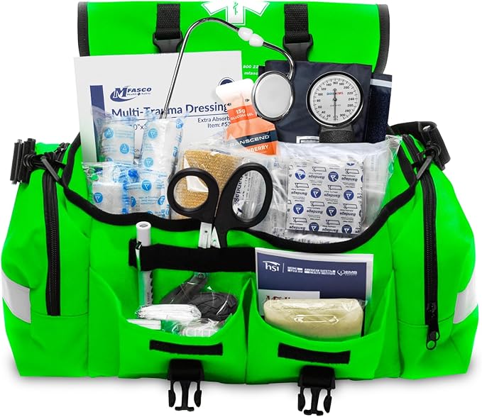 MFASCO Complete Emergency Response First Aid Kit Trauma Bag - 415 Piece Fully Stocked Supplies for Disaster Preparedness | for Business, Schools, Organizations, Groups, Home Safety (Reflective Green)
