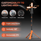 15000 mAh Rechargeable Camping Light with Stand, Cordless Work Light with 3 LED Lamp Heads, 5500 Lumens Dimmable Camping Essentials Gear Emergency Flashlight with 86" Detachable Tripod, Orange
