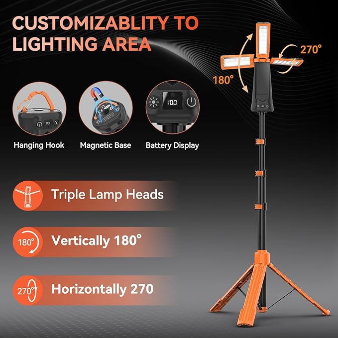 15000 mAh Rechargeable Camping Light with Stand, Cordless Work Light with 3 LED Lamp Heads, 5500 Lumens Dimmable Camping Essentials Gear Emergency Flashlight with 86" Detachable Tripod, Orange