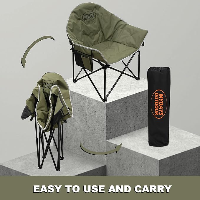 Oversized Camping Chair, Portable Folding Moon Chair with Side Pocket, Heavy Duty Outdoor Chair for Camping, Beach, Backyard, Support 400lbs(Green)