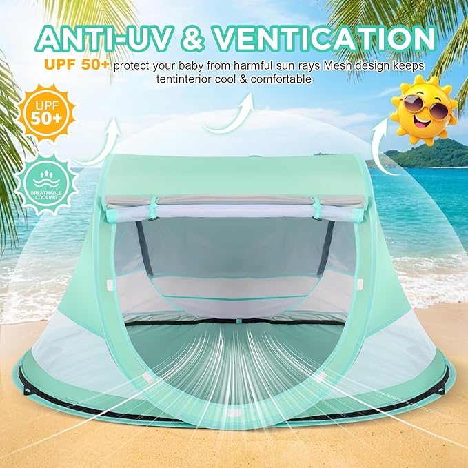 Baby Beach Tent, Pop Up Beach Tent Sun Shade for Beach, UPF 50+ UV Protection Sun Shelters for Infants with Carry Bag for Outdoor Travel, Camping(Green)