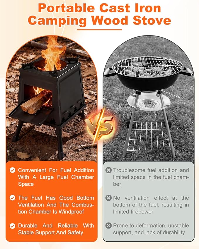 Portable Wood Burning Stove - Lightweight Cast Iron Camp Stove for Backpacking，A Small Size 8.9in * 8.9in * 8.7in Backpacking Camping Stove Kit (Black, Small)