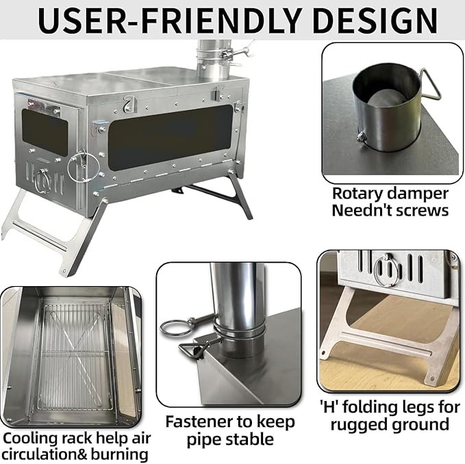 DANCHEL OUTDOOR TSG Portable TA1 Titanium Tent Wood Stove for Backpacking Camping, Collapsible Hot Tent Stove Rollable Chimney Pipe Cooking Hiking (Small/Large)