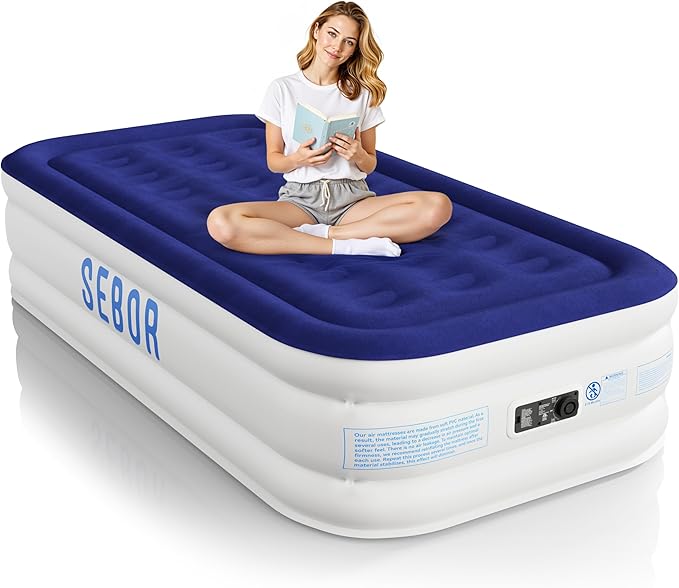 Sebor Air Mattress Twin with Built-in Pump 18", Comfortable Self-Inflating Air Mattress with High-Speed Pump, Durable Blow Up Mattress Twin with Storage Bag for Guests, Camping, Travel
