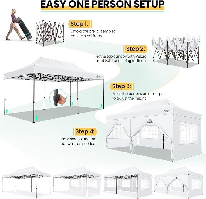 COBIZI Heavy Duty 10x20 Pop up Canopy Tent with 6 Sidewalls, Commercial Instant Canopies Tents for Parties Waterproof Gazebos with Roller Bag, All Season Wind & Waterproof UPF50+,Thickened Frame