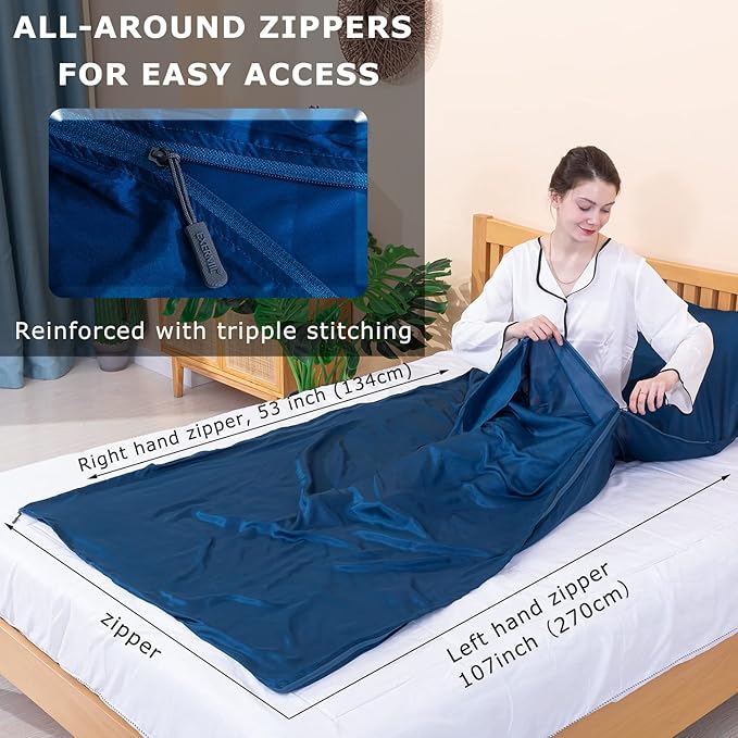 100% Silk Sleep Sack with Zippers on 3 Sides, 87”x43” Large Sleeping Liners for Hotels, Travel & Camping, Multifunctional Travel Sheets (Unzipped:87”x87”) for Adults, Lightweight, All Seasons