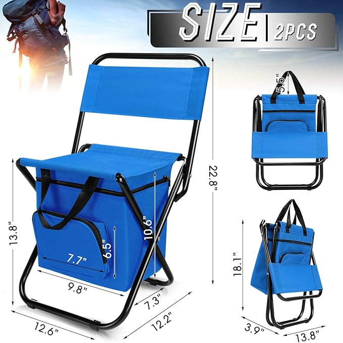 Jerify 2 Pcs Fishing Chair with Cooler Bag Multi-Function Foldable Compact Fishing Stool Hunting Chair Portable Backrest Stool with Folding Backpack for Finishing Camping Hunting Travel(Blue)