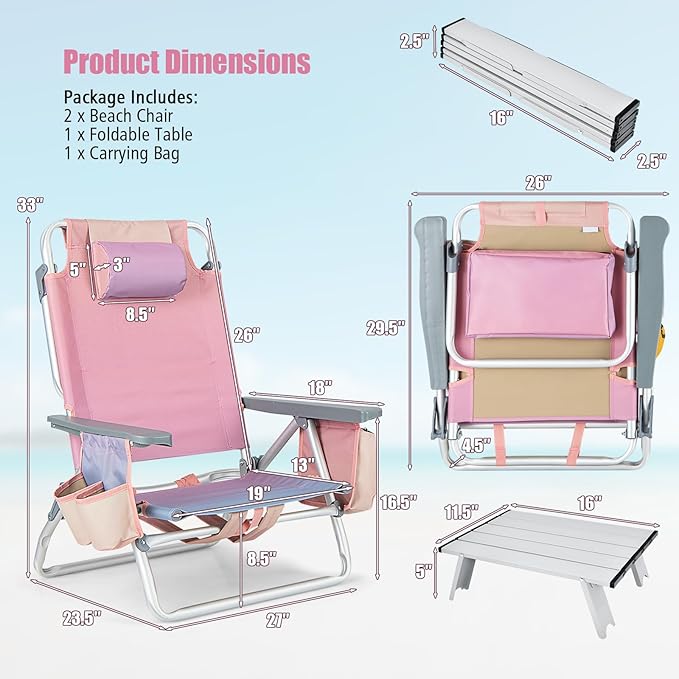 Tangkula Backpack Beach Chair with Table, 5-Position Lay Flat Chairs with Cooler Bag, 2 Cup Holders, Towel Bar, Lightweight Low Folding Chair with Backpack Straps, Pink