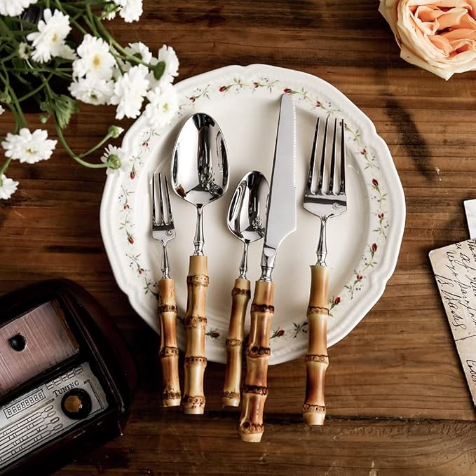 Bamboo Silverware Set for 8 , Natural Flatware Cutlery Set Tableware Utensil Set Knives Forks Spoons, Dinnerware Sets for Christmas Party Kitchen Wedding Gifts 40-piece