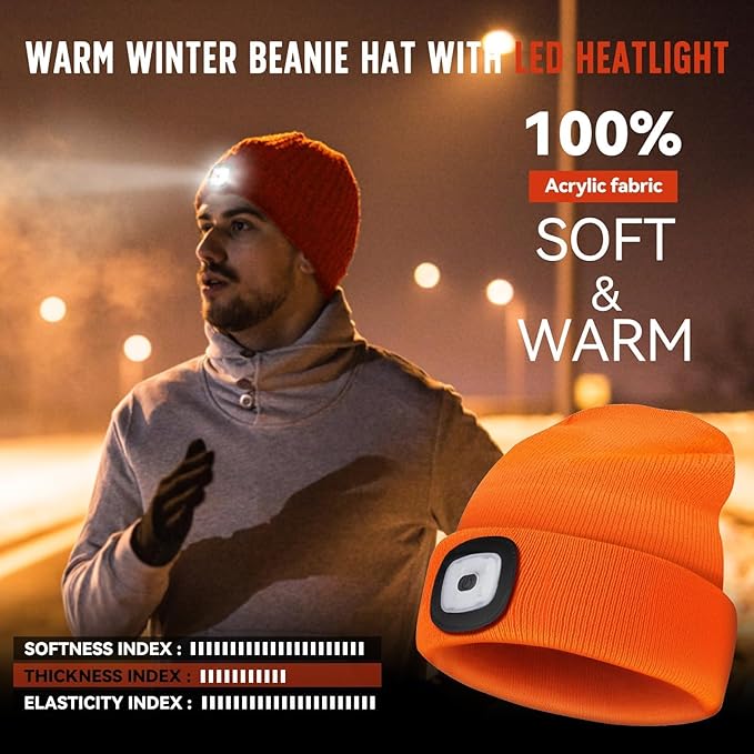 Unisex Beanie Hat with Light, Rechargeable Headlight Cap, Valentines Day Gifts for Him, Cool Gadget Gifts for Him, Birthday Gifts for Women, Gifts for Men, Orange