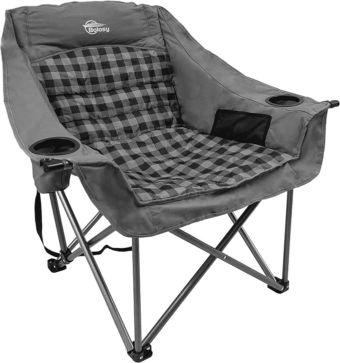 Oversized Camping Chairs for Adults Heavy Duty Padded Portable Lawn Chairs Outdoor Folding Chairs XL Camp Chairs with Cup Holder Suproot 500 lbs, Gray Plaid
