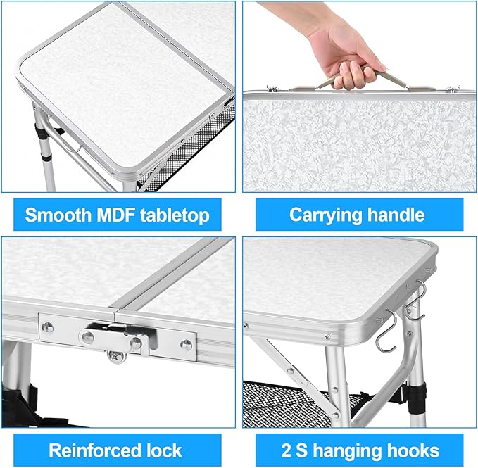 Small Folding Camping Table, 2ft Portable Table with 3 Adjustable Heights, Aluminum Lightweight Foldable Picnic Table with Mesh Layer and Extension Legs for RV, BBQ and Indoor (Silver)