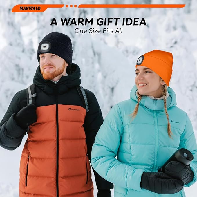 LED Beanie Hat with Light, USB Rechargeable LED Headlamp, Birthday Gifts for Women Adults, Gifts for Men dad Husband, Boyfriend, Orange, 2PCS
