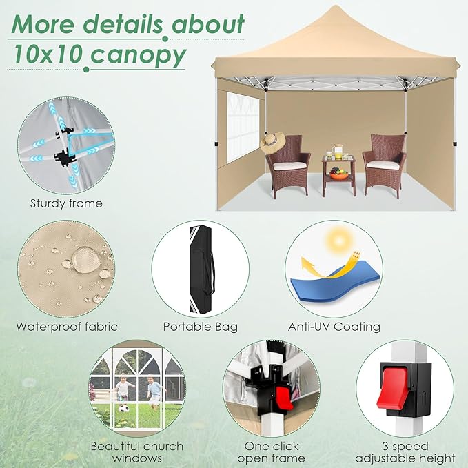 COBIZI Canopy 10x10 Pop Up Canopy Tent with 3 Sidewalls, Commercial Party Tent Ez Waterproof Outdoor Instant Gazebo UV 50+ Event Shelter, Garden Tents for Parties Camping with Sandbags，Khaki