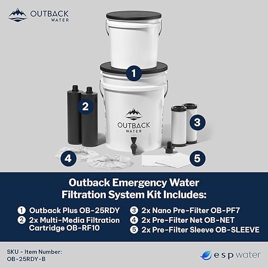 Outback Water Emergency Drinking Water Filter System - Gravity Fed Bucket Potable Water Filtration for Survival, Off-Grid, Disaster Preparedness, Travel, & Camping, Bug Out Kit, w/Extra Filter Set
