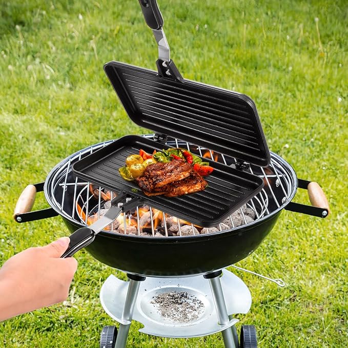 VOSAREA Sandwich Maker Grilled Sandwich Maker Pan Non-Stick Hot with Long Handle Double Sided Frying Pan Stovetop Toasted for Home Kitchen Breakfast Camping (Black)
