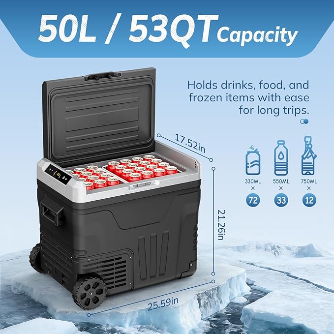 Antarctic Star 12 Volt Refrigerator,53QT(50L)Electric Cooler Compressor, Portable Refrigerator -4℉~68℉,Car Fridge 12/24V DC 100-240V AC,Portable Freezer with Wheels&2 Baskets for Camping,Travel,BLACK