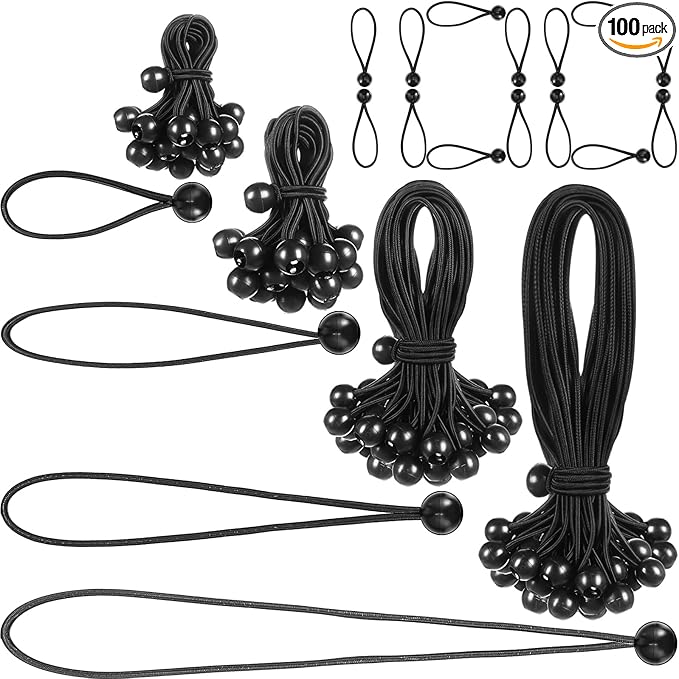100 Pcs 4, 6, 9, 11 Inch Ball Bungee Cords Tarp Tie Downs Bungee Cords with Balls Heavy Duty Outdoor Tarp Straps for Canopy Shelter Camping Cargo Tent Poles UV Resistant (Black)