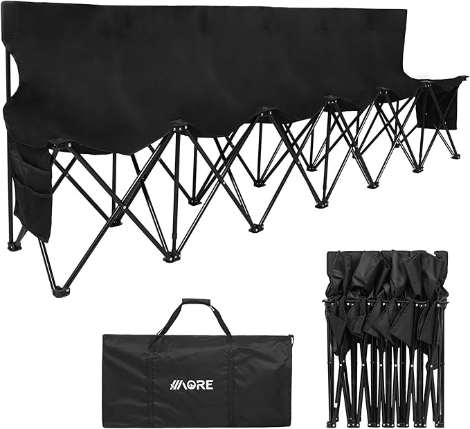 1MORE Soccer Bench - Portable Folding Team Bench, 6 Seats Foldable Sideline Benches, Soccer Chair with Bag & Backrest, Adult Team Chair for Football Camp Sport Events Outdoor Seating.Black