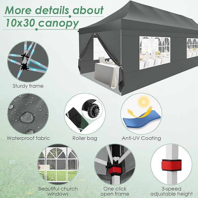 COBIZI Canopy Tent 10x30 Pop Up Canopy with 8 Removable Sidewalls Party Tents for Parties Wedding Patio Commercial Waterproof and UV50+ Ez Outdoor Instant Gazebo with Roller Bag & 4 Sandbags(Grey