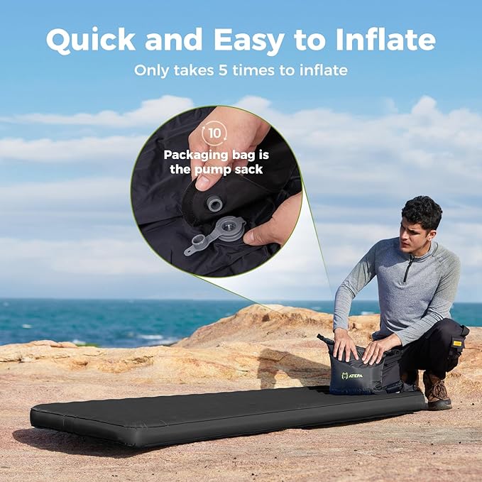 ATEPA ThermAir Pro Backpacking Inflatable Sleeping Pad, 6.6 R-Value Insulated Ultralight Portable Camping Pad Thick Camping Mat for Camping Backpacking Tent, Wide Long Size 78"x27", Black