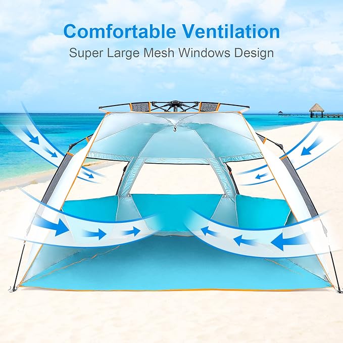 WolfWise 3-4 Person Beach Tent with UPF 50+ Sun Protection, Portable Ventilated Beach Shade Canopy with Extended Porch, Easy Setup & Windproof Design, Blue