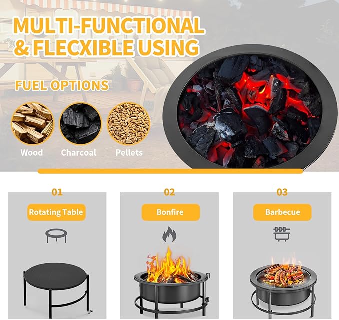 Fire Pits for Outside Wood Burning，3 in 1 Split Fire Pit with Rotating Table, Grill, Poker & Waterproof Cover, Portable Heavy Duty Steel Outdoor Firepit for Camping, Patio, Backyard