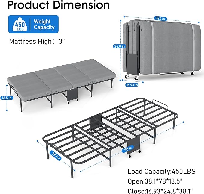 Folding Beds with Mattress, Portable Foldable Bed for Adults, Roll Away Bed Guest on Wheels, Memory Foam Mattress and Metal Frame, Space Saving Fold