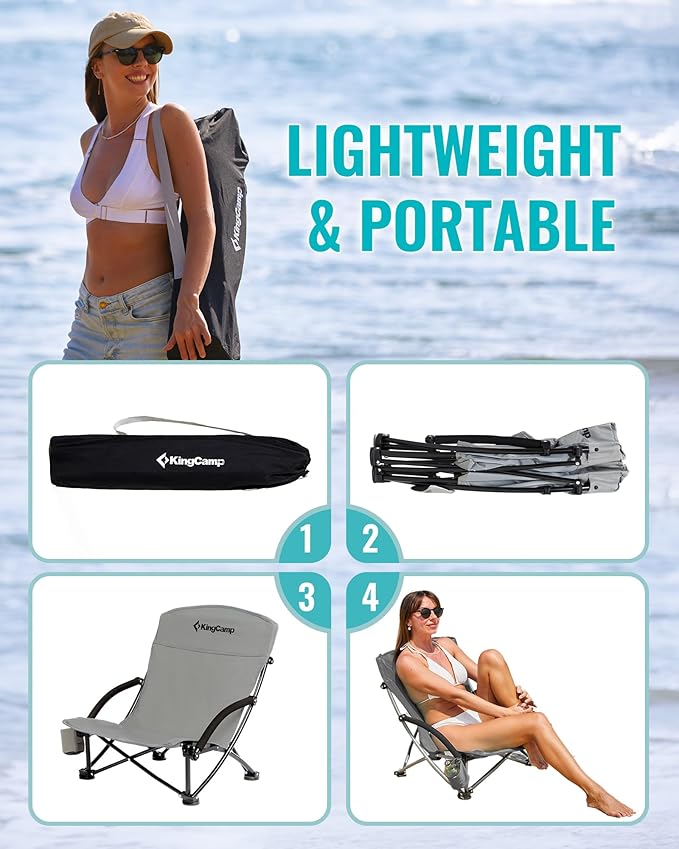 KingCamp Low Beach Chairs, Folding Portable Chair for Adults Lightweight Extra Wide Seat 300lbs Heavy Duty Oversized Backpack, Carry Bag for Camping