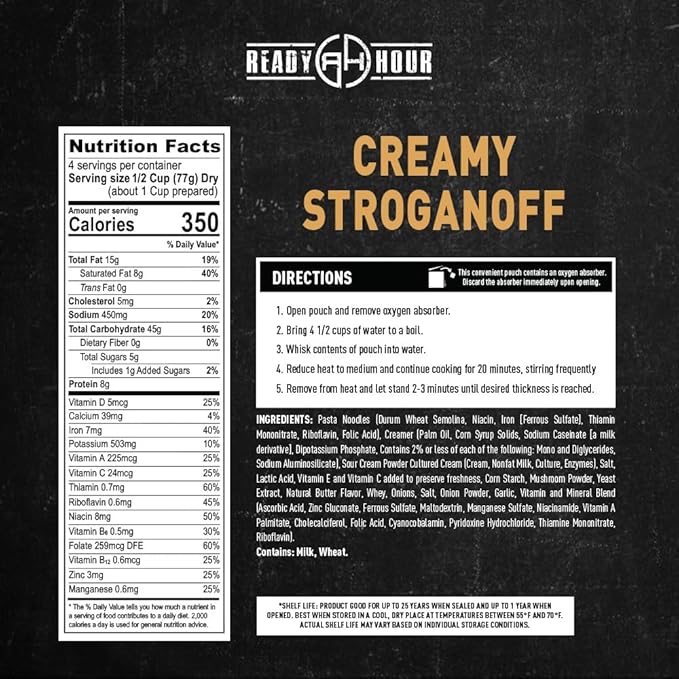 Ready Hour Creamy Stroganoff Case Pack (24 Servings), Freeze-Dried Stroganoff Dinner, Survival Emergency Food Meal, Shelf-Stable, 25-Year Shelf Life