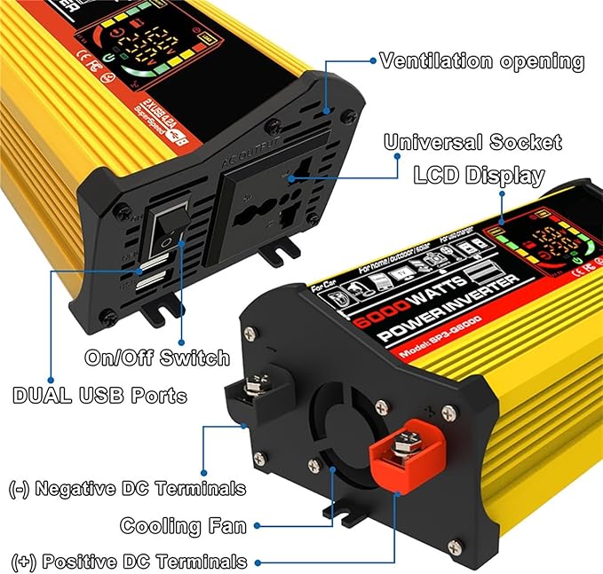 6000W Solar System Kit - 12V to 110V/220V Inverter, 18W Dual USB Solar Panel & 30A Charge Controller for RV, Camping, Off-Grid Outdoor Travel Power Supply (Yellow)