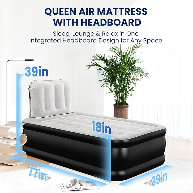 Twin Air Mattress with Headboard, Built-in Pump, 600 lbs Heavy-Duty Support, 19" Raised Comfort Design, 48-Hour Leak-Tested PVC, 2.5 Min Fast Inflation, Inflatable Mattress for Home, Guests & Camping