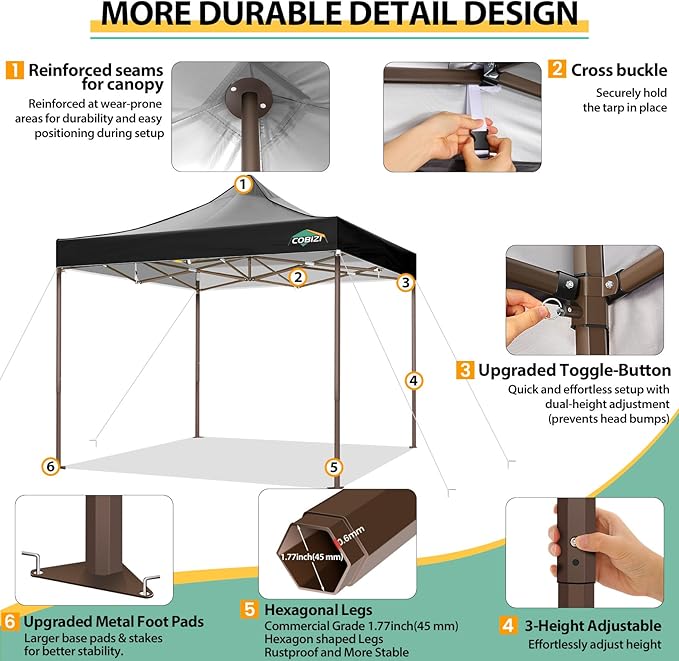 COBIZI 10x10 Pop Up Canopy Tent Heavy Duty with 4 Sidewalls, Commercial Easy Up Instant Canopy Outdoor for Events Party Wedding, All Weather Waterproof UV 50+ with Carry Bag (Leg Upgraded), Black