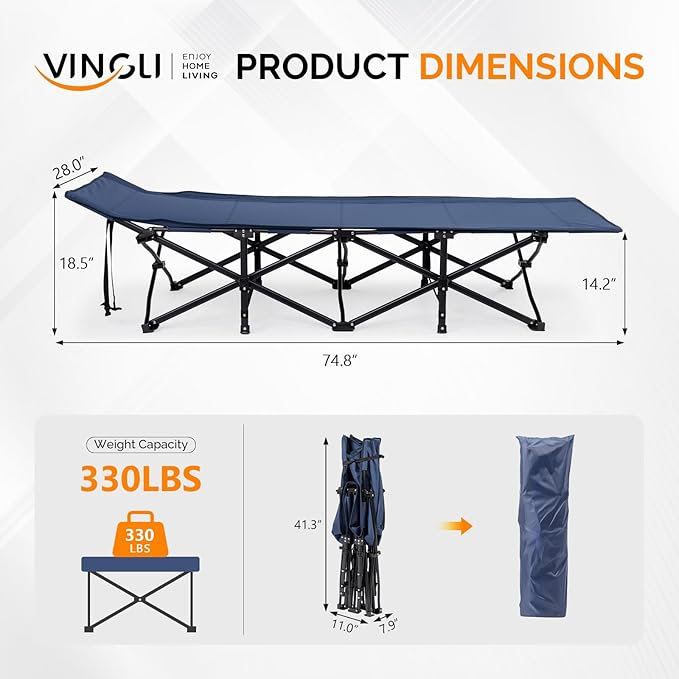 VINGLI Folding Camping Cot Bed,Camping Cots for Adults with Mattress, Foldable Cots for Sleeping with Pillow 1200D Layer Oxford for for Guest,Travel,Hiking-Blue 1P