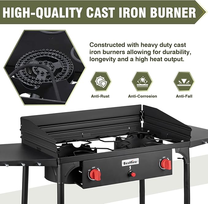 Bestfire 150,000 BTU 2 Burner Propane Camping Stove with Auto Ignition, Windpanel & Free Work Gloves, Portable Outdoor Gas Cooker with Removable Legs, Side Shelves & Carry Bag for Camping, BBQ