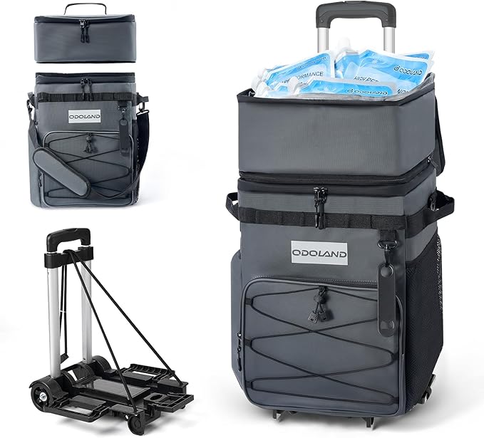 Odoland 48/72 Can Rolling Cooler Bag with Wheels & Handle, Collapsible Insulated Ice Chest for Beach, Camping & Tailgating - Portable Travel Soft Cooler on Wheels, Collapses for Easy Storage