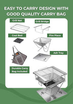 CAMPINGMOON 3 in 1 Flatpack Portable Fire Pit Grill 14 inch Foldable Stainless Steel Wood Burning Camping Stove Adjustable Height Overlanding Outdoor Cooking RV Trips Carry Bag included MT-045
